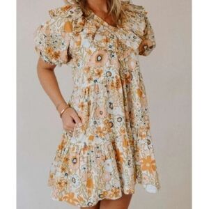 Cleobella Farrah Retro Peach, Olive & Blue Floral Ruffle Mini Dress Size Small